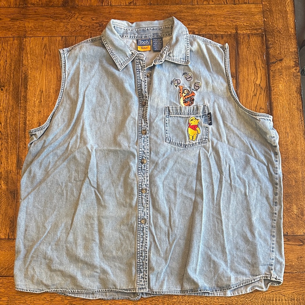 Disney denim Sleeveless Shirt with Embroidered Winnie Pooh and Tigger